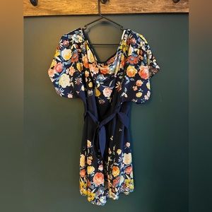 Navy Floral Wide Shoulder Dress